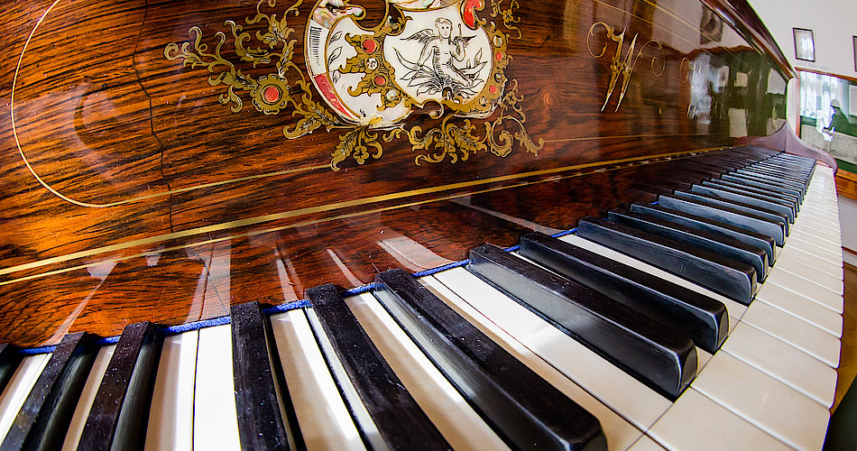 Der mit Perlmutt-Intarsien reich verzierte Flügel wurde von Clara Schumanns Cousin Wilhelm Wieck (1828-1874) erbaut. Das Instrument stammt vermutlich aus den 1860er Jahren. 