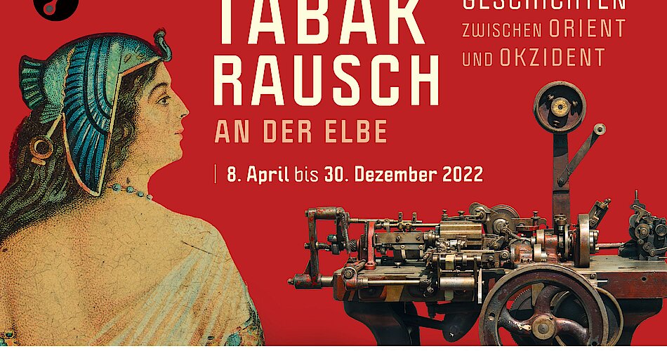 Plakat zur Ausstellung mit der Darstellung einer Frau und einer Maschine zur Herstellung von Zigaretten