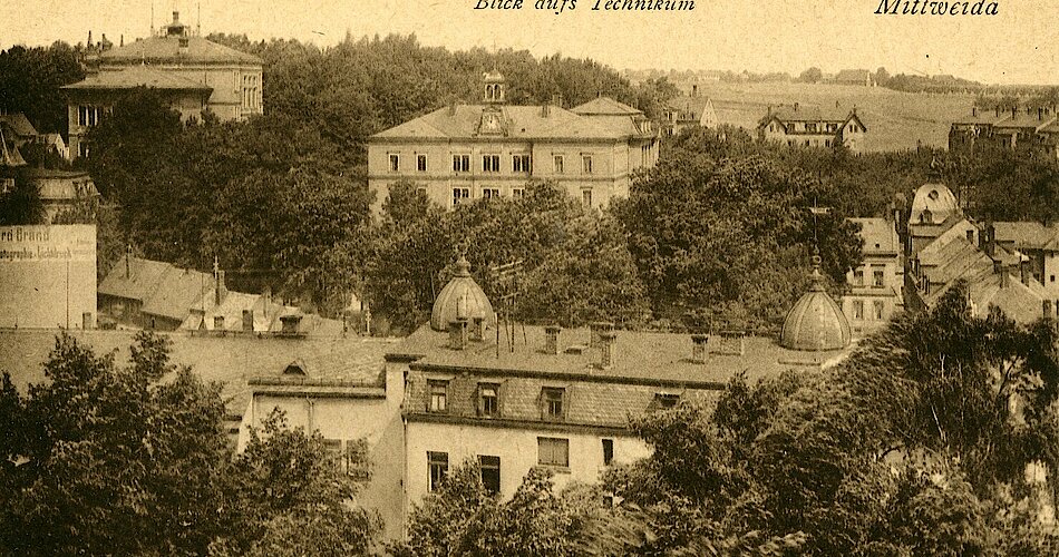 Blick aufs Technikum Mittweida. Postkarte von Brück & Sohn, 1918