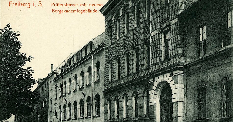 Gebäude der Bergakademie Freiberg in der Prüferstraße. Postkarte von Brück & Sohn, 1907